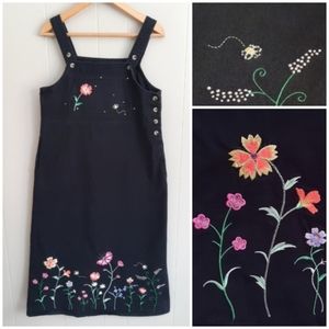 Quacker Factory overall pinny jumper dress black flower garden floral embroidery